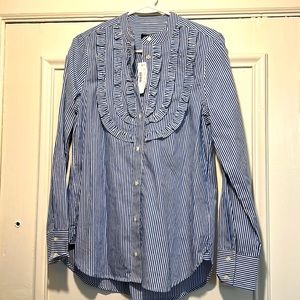J Crew, unworn, tags on, Band Collar Ruffle-front shirt in stripe